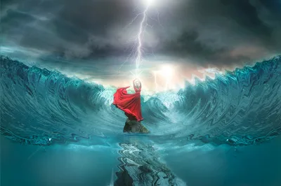 Figure in Red Cape Standing on Rock Amid Turbulent Waves - free people & portraits wallpaper 2048×1362