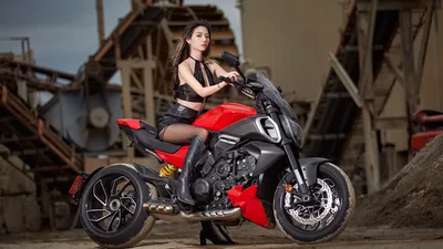 Woman on Red and Black Motorcycle in Industrial Setting - free people & portraits wallpaper 5184×2915