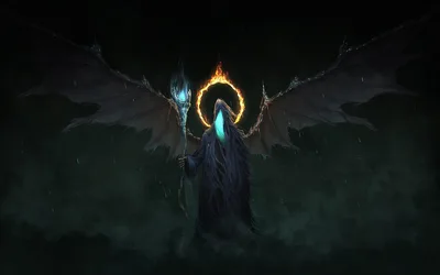 Winged Dark Figure with Glowing Portal in Rain - free art & design wallpaper 1920×1200