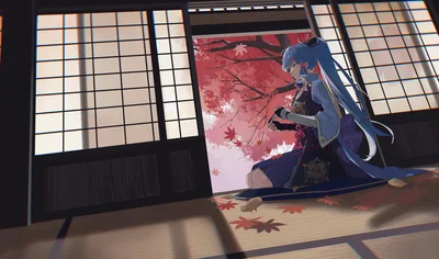 Anime Girl Seated by Window with Autumn Leaves - free anime wallpaper 4032×2376