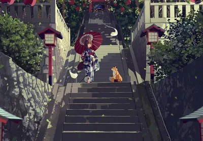 Girl With Red Umbrella On Temple Stairs With Fox - free anime wallpaper 1920×1333
