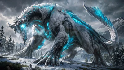 Ethereal Ice Dragon in Snowy Mountain Landscape - free art & design wallpaper 3840×2160