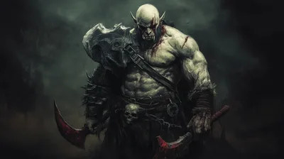 Pale Orc Warrior With Axes In Dark Fantasy Setting - free art & design wallpaper 2912×1632