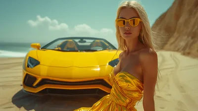 Woman in Yellow Dress With Sports Car on Beach - free people & portraits wallpaper 8792×4928