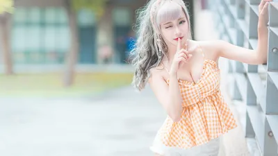 Woman in Orange Checkered Dress Posing Outdoors - free people & portraits wallpaper 5760×3240