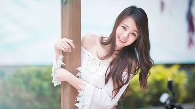 Young Woman in White Lace Dress by Wooden Pole - free people & portraits wallpaper 5760×3240