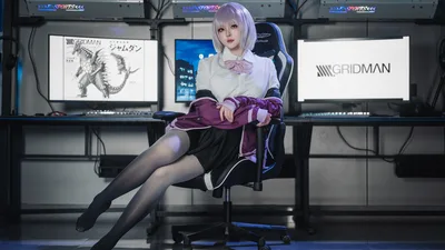 Anime Girl at Gaming Desk with Multiple Monitors - free people & portraits wallpaper 5468×3075