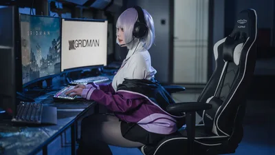 Anime Girl Gaming at Computer Desk Setup - free people & portraits wallpaper 5606×3153