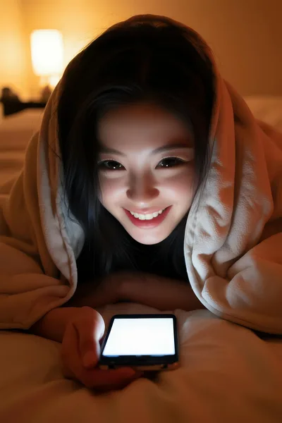Young Woman Under Blanket with Glowing Smartphone - free people & portraits wallpaper 4800×7200