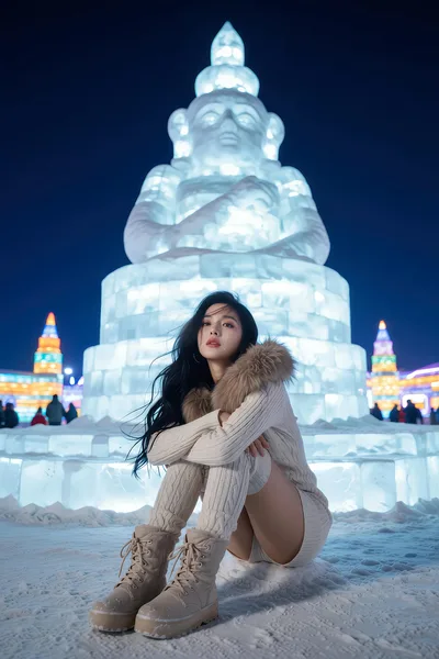 Woman Posing Before Illuminated Ice Sculpture at Night - free people & portraits wallpaper 4800×7200