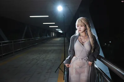 Woman in Evening Dress on Illuminated Bridge at Night - free people & portraits wallpaper 7008×4672