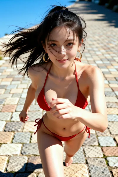 Young Woman in Red Bikini at Beach Promenade - free people & portraits wallpaper 4800×7200