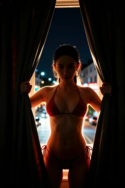 Woman in Red Bikini Silhouetted at Night Window - free people & portraits wallpaper 4800×7200