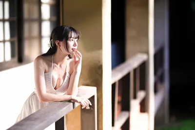 Woman in White Dress Leaning on Railing at Night - free people & portraits wallpaper 6144×4096