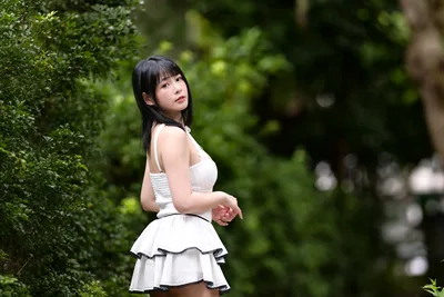 Young Woman in White Dress by Garden Hedge - free people & portraits wallpaper 6144×4096