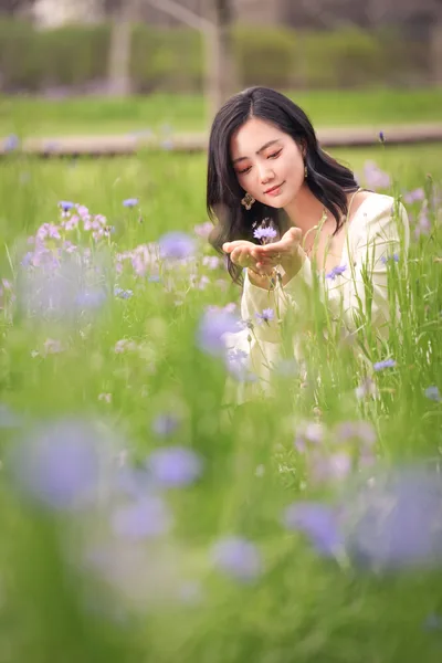 Woman in Cream Dress Among Purple Flowers in Garden - free people & portraits wallpaper 4096×6144