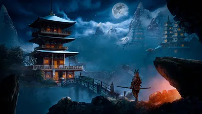 Samurai Warrior In Moonlit Asian Mountain Temple Landscape - free art & design wallpaper 3840×2160