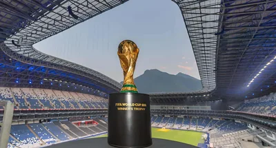 fifa world cup trophy,stadium,football field,pitch,seats,stand,roof,mountain,sky,monterrey,mexico,estadio bva - free sports wallpaper 4000×2152