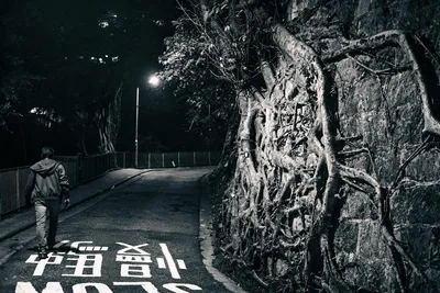 Solitary Figure on Night Street with Asian Characters - free city & urban wallpaper 2048×1365
