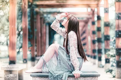 floral dress, long dress, dress, sneakers, wooden structure, walkway, profile, side view, bokeh, smile, woman - free people & portraits wallpaper 5120×3413