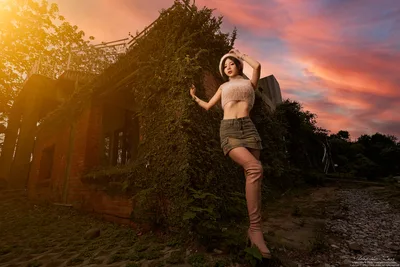 floral dress, long dress, dress, sneakers, wooden structure, walkway, profile, side view, bokeh, smile, woman - free people & portraits wallpaper 5103×3405