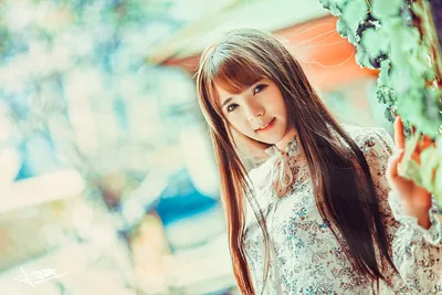floral dress, long dress, dress, sneakers, wooden structure, walkway, profile, side view, bokeh, smile, woman - free people & portraits wallpaper 5760×3840