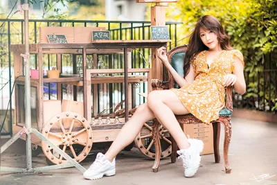 floral dress, long dress, dress, sneakers, wooden structure, walkway, profile, side view, bokeh, smile, woman - free people & portraits wallpaper 5760×3840