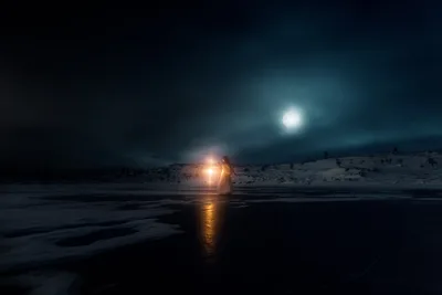 Glowing Figure on Frozen Lake Under Moonlight - free people & portraits wallpaper 2560×1707