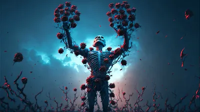 Skeletal Figure With Red Roses and Glowing Sky - free art & design wallpaper 1920×1080