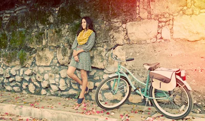 Woman With Vintage Bicycle Against Weathered Stone Wall - free people & portraits wallpaper 3840×2279