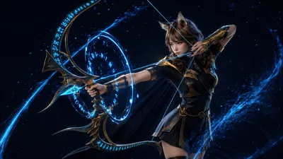 Magical Archer Woman with Glowing Blue Energy Bow - free anime wallpaper 3840×2161
