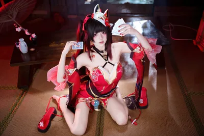 Cosplayer in Red Asian-Inspired Costume with Playing Cards - free people & portraits wallpaper 8192×5462