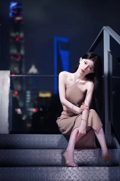 Woman in Beige Dress on Rooftop at Night - free people & portraits wallpaper 2816×4224