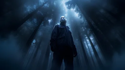 Figure in White Helmet Standing in Dark Forest - free movies & tv wallpaper 5120×2880