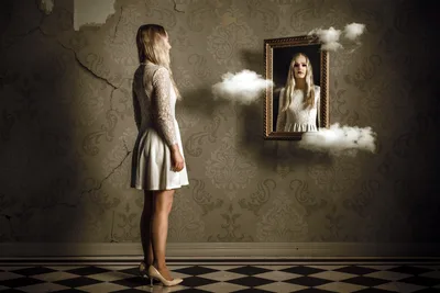 Woman Viewing Clouded Mirror Reflection in Vintage Room - free people & portraits wallpaper 2560×1707
