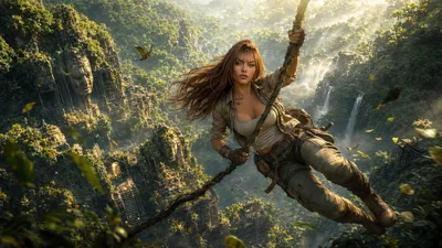 Adventure Woman Swinging on Vine in Jungle Canyon - free people & portraits wallpaper 3840×2160