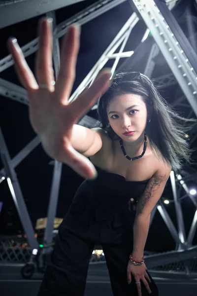 Woman with Raised Hand in Futuristic Neon Setting - free people & portraits wallpaper 4096×6144
