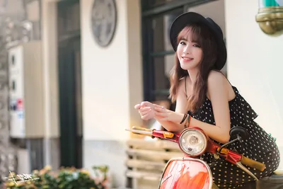 Woman in Black Polka Dot Dress Posing with Red Scooter - free people & portraits wallpaper 5760×3840