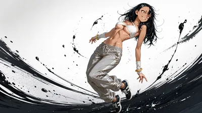 Athletic Woman Jumping with Dynamic Black Ink Effects - free anime wallpaper 7680×4322