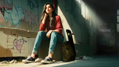 Girl with Skateboard Sitting Against Graffiti Wall - free art & design wallpaper 3840×2162