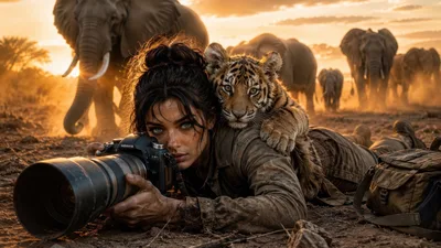 Wildlife Photographer with Tiger and Elephants at Sunset - free people & portraits wallpaper 3840×2160