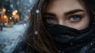 woman,close up,portrait,face,blue eyes,winter,snow,snowing,scarf,cold,street lights,digital art - free people & portraits wallpaper 3840×2160