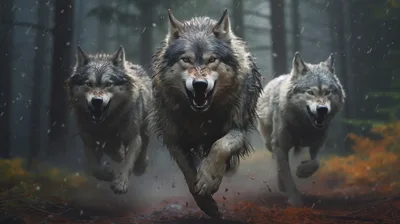 Three Wolves Running Through Rainy Forest - free animals wallpaper 5824×3264