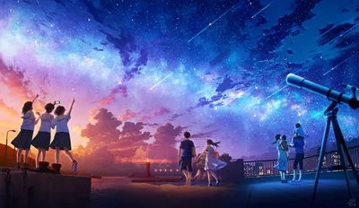 people,group,anime,meteor shower,shooting stars,starry sky,milky way,night,telescope,seaside,dusk,sunset,clouds,scenery,illustration - free anime wallpaper 1920×1112