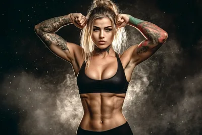 woman, athletic body, muscular, abs, fitness model, sports bra, tattoos, sleeves tattoo, flexing, long hair, blonde, smoke background, gritty texture, strength, fitness motivation - free people & portraits wallpaper 5376×3584