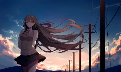 woman, anime style, school uniform, long hair, windy, blowing hair, sunset sky, twilight, power lines, utility poles, clouds, scenic landscape, emotional mood - free anime wallpaper 2000×1200