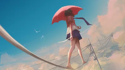 woman, anime style, school uniform, holding umbrella, balancing, tightrope walking, power lines, utility poles, blue sky, clouds, birds flying, painterly style, surreal illustration - free anime wallpaper 2560×1440