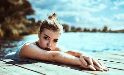 Woman Relaxing on Wooden Dock by Lake - free people & portraits wallpaper 3000×1808