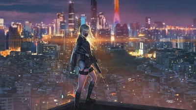 Armed Female Figure Overlooking Neon Cityscape at Dusk - free anime wallpaper 2560×1440