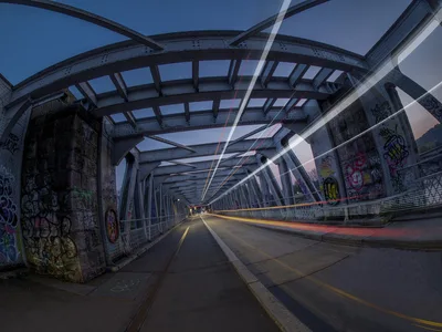 Industrial Bridge at Twilight with Graffiti Art - free wallpaper 4608×3456
